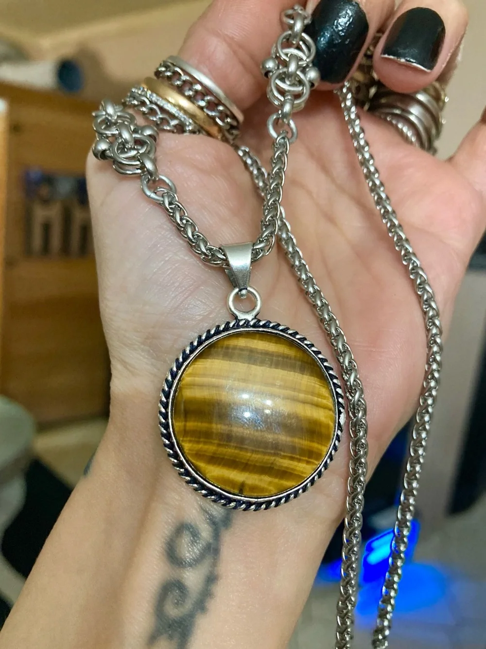Golden brown tiger eye round gemstone charm Celtic knot steel necklace